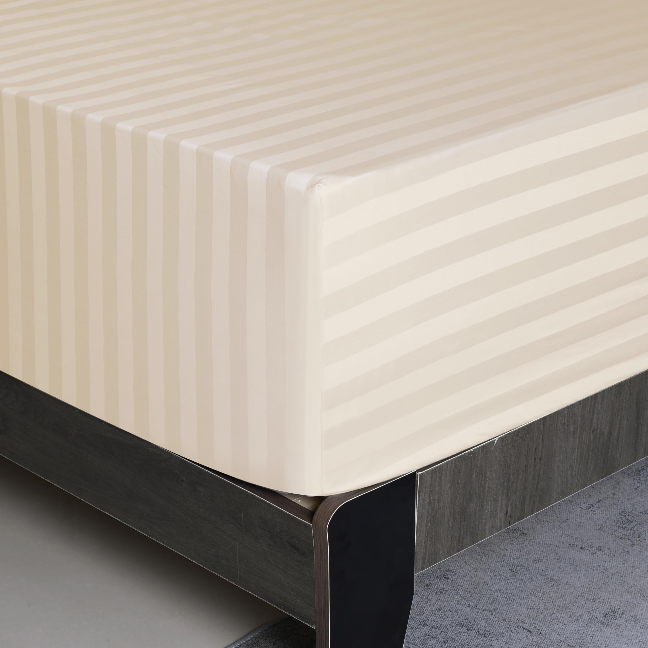 Twin Size Striped Fitted Sheet Only Beige Color, 100% Egyptian Cotton 600 Thread Count, 16'' Deep Pocket Premium Cotton Mattress